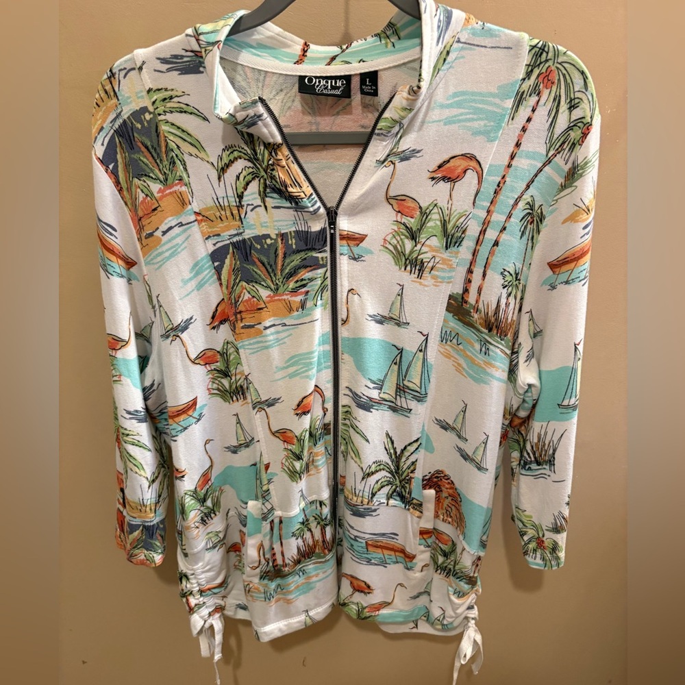 Onque Casuals Hawaiian Beach Theme Summer Cover Up Zippered Hoodie Women’s Large